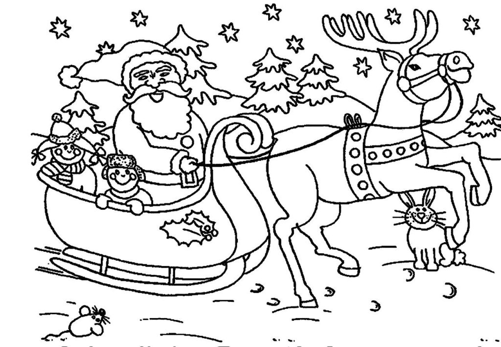 Livre de coloriage Le Père Noël sur un traîneau avec des rennes à