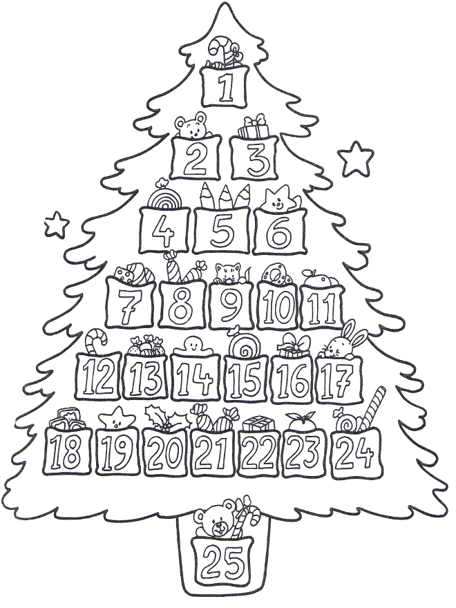 アドベントカレンダーとクリスマスツリー 印刷用画像