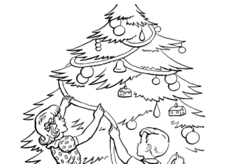 Deti obliekajú vianočný stromček obrázok na vytlačenie