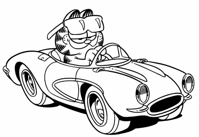 Garfield v autě obrázek k vytisknutí
