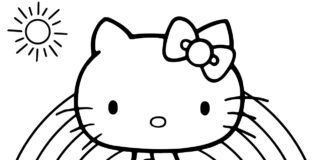 Hello Kitty ja sateenkaari tulostettava kuva