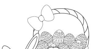 Bunny with basket and Easter eggs picture to print