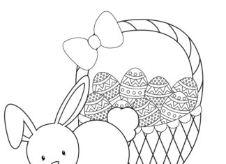 Obrázok zajačika s košíkom a veľkonočnými vajíčkami na vytlačenie