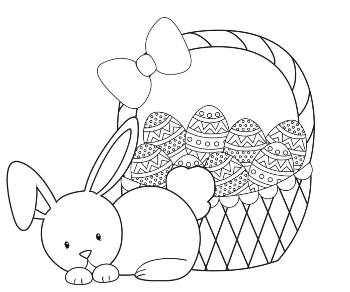 Obrázok zajačika s košíkom a veľkonočnými vajíčkami na vytlačenie