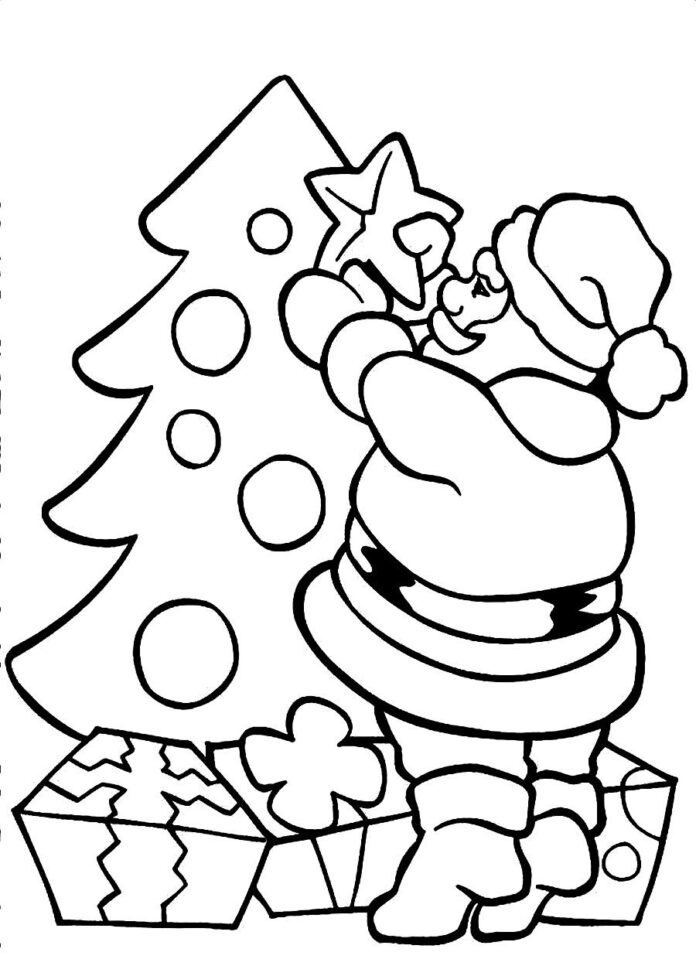 サンタクロースとクリスマスツリーの印刷用画像