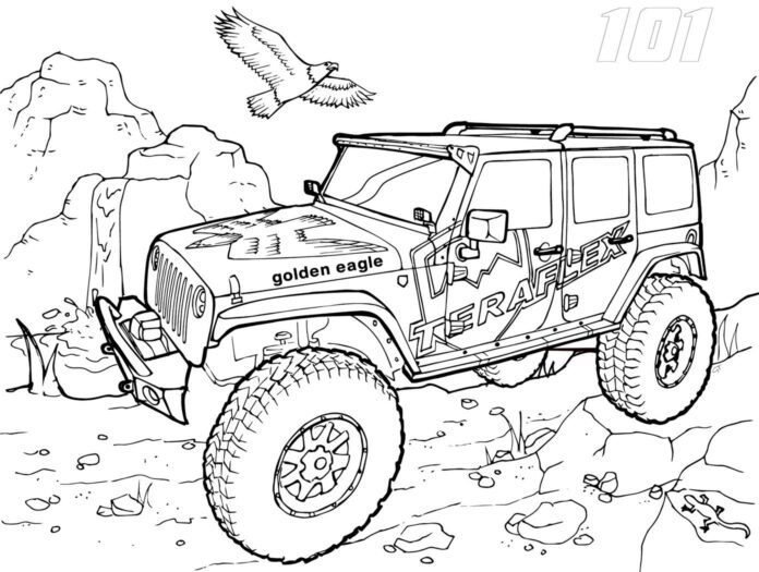 Jeep Rubicon terrängfärgningsbok för tryckning