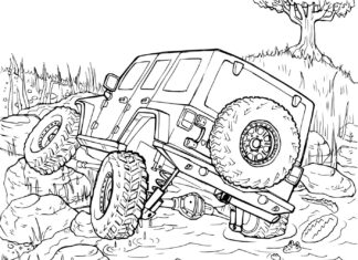 Jeep Wrangler in the mud coloring book to print