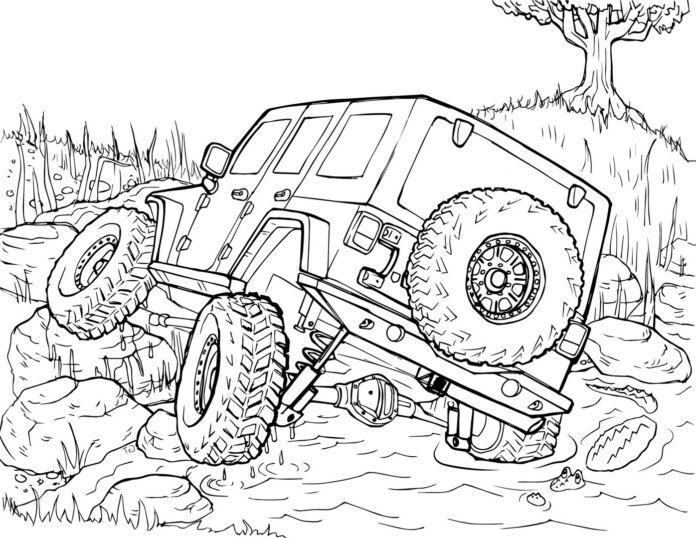 Jeep Wrangler in the mud coloring book to print