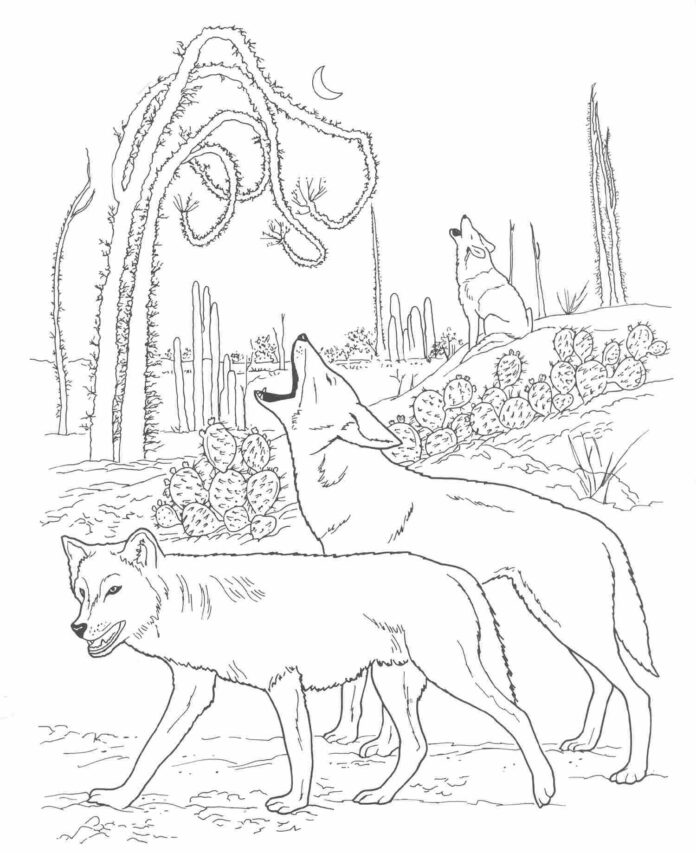Coyotes at night coloring book to print