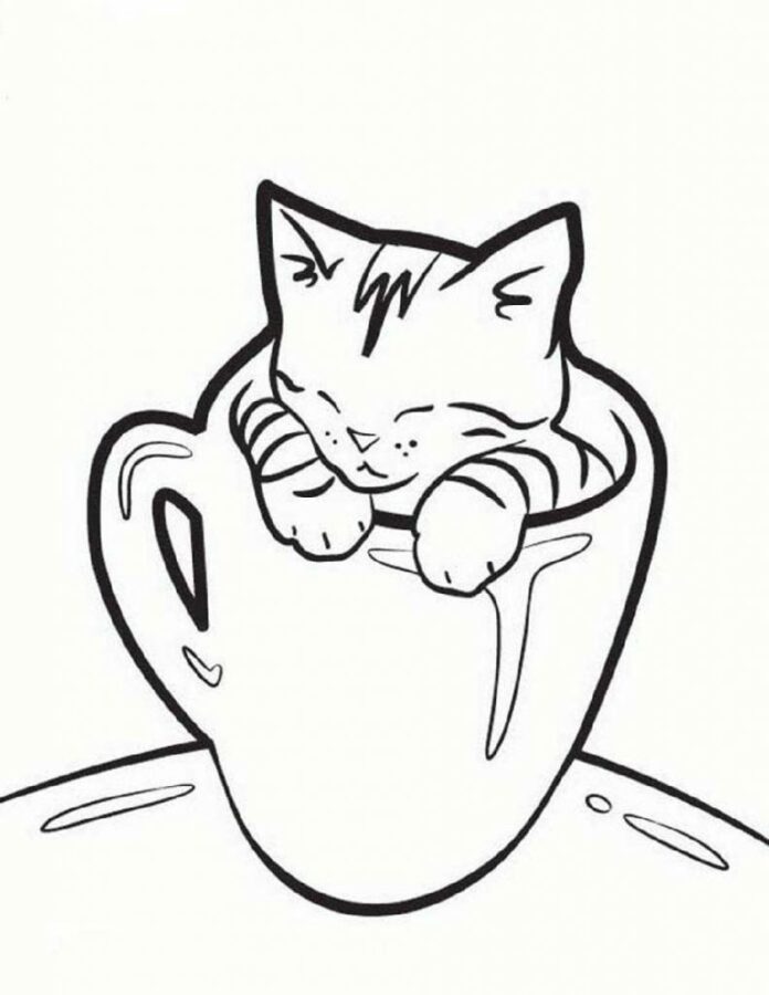 Kattunge i en kopp som kan skrivas ut och färgläggas