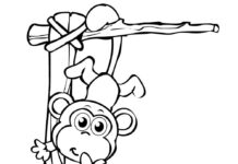Monkey with banana coloring book to print