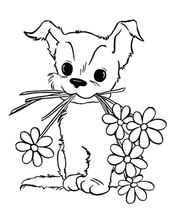 Dog with flowers coloring book to print