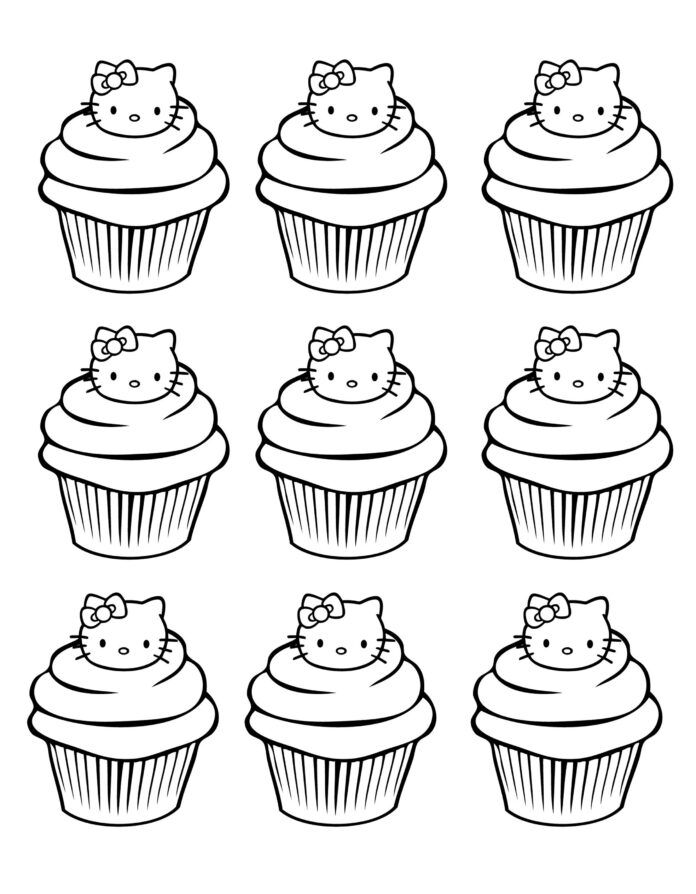 Hello Kitty cupcakes til udskrivning som malebog
