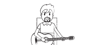 boy plays the guitar coloring book to print