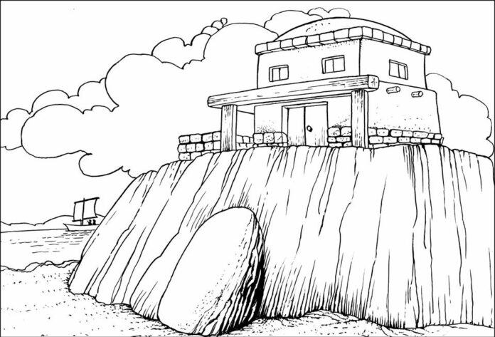 domček na skale - omaľovánky na vytlačenie