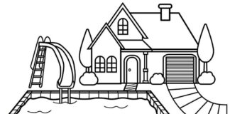 house with a swimming pool coloring book to print