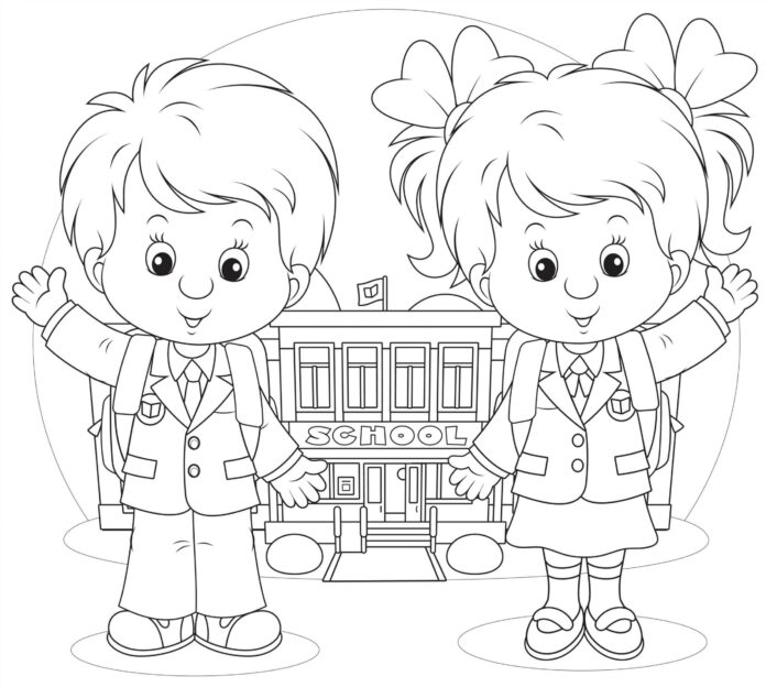 girl and boy with backpack coloring book to print