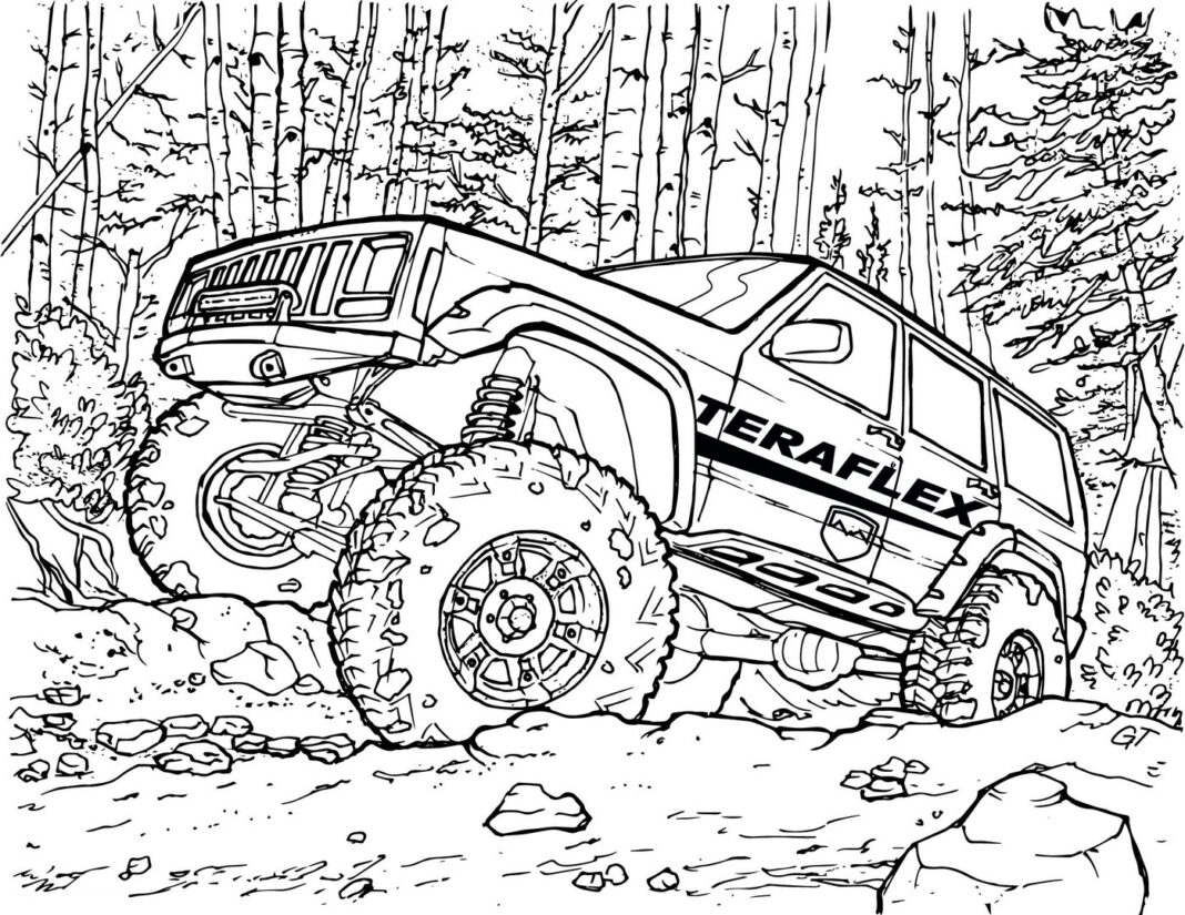 Jeep im Wald Malbuch zum Ausdrucken