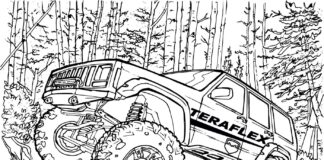 livre de coloriage "Jeep in the woods" à imprimer