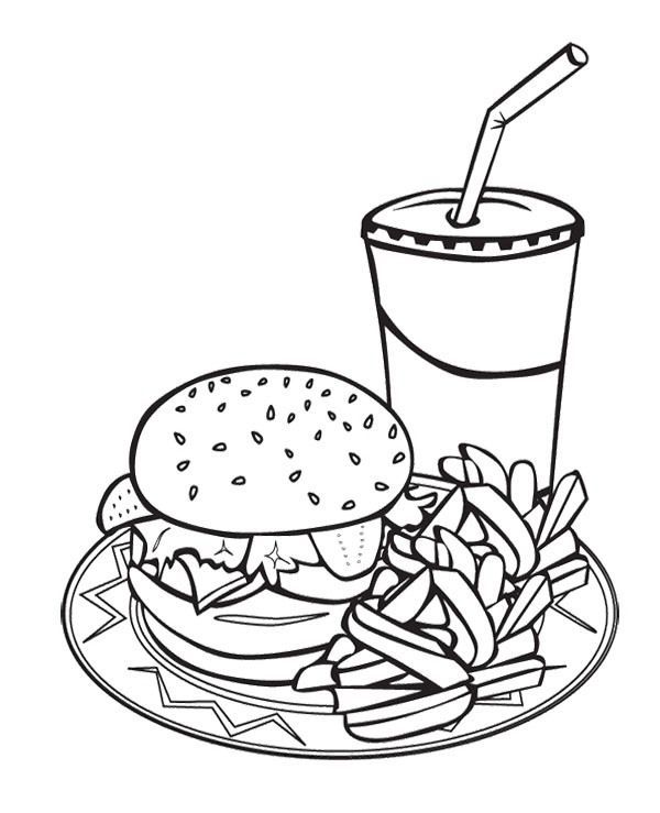 hamburger, fritter og cola malebog til udskrivning