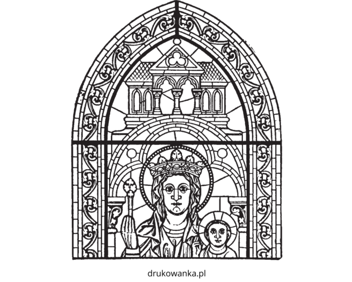 livro de colorir para impressão do vitral da igreja Mary