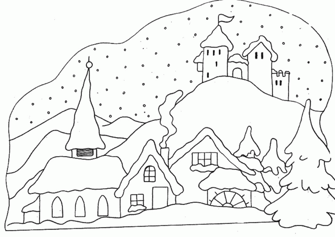 Winter landscape coloring book to print and online