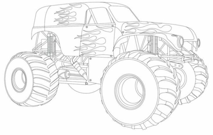 libro para colorear monster truck in fire para imprimir