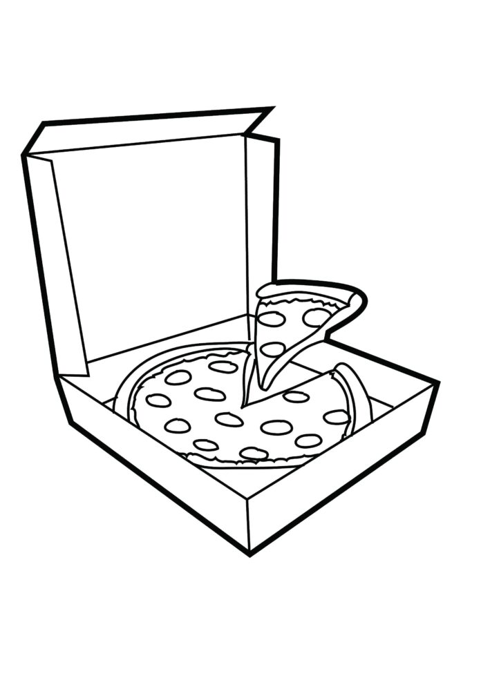 hoja para colorear de la pizza en una caja de cartón