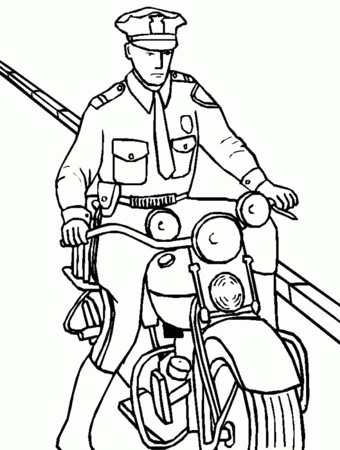 policial em um livro de coloração de motocicletas para imprimir
