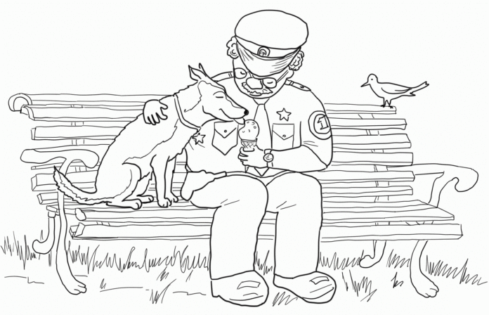 policial com um livro para colorir cães para imprimir