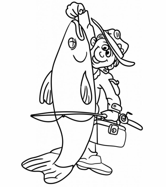 fisherman and fish coloring book to print