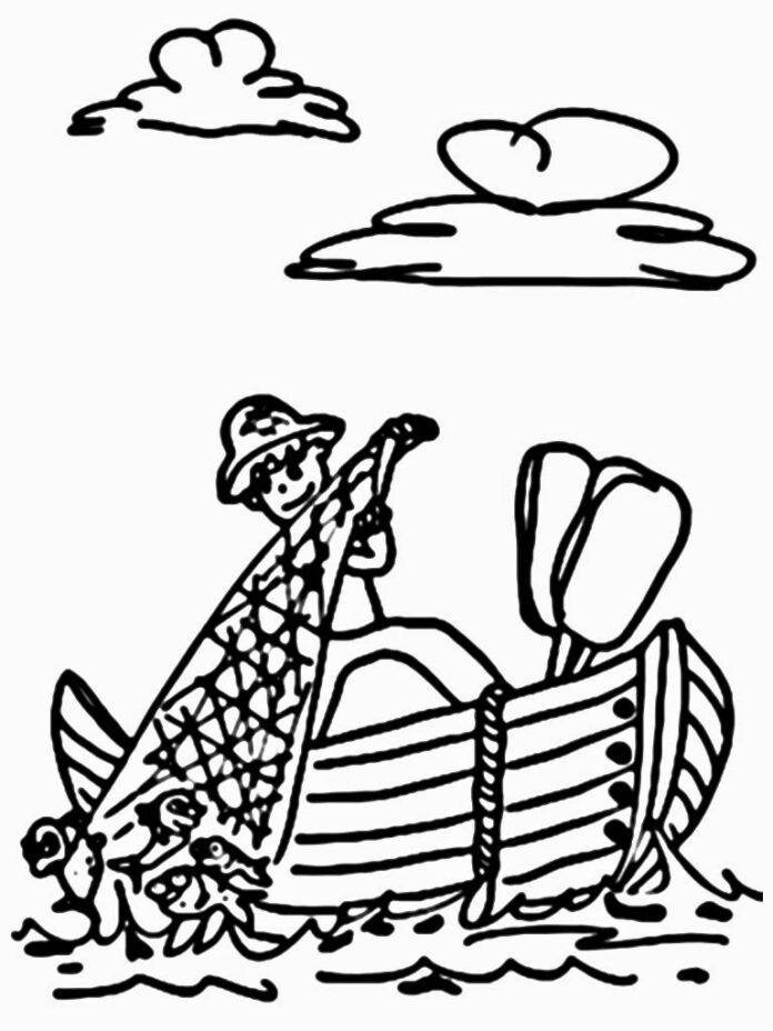 Rybár na lodi omaľovánky k vytlačeniu