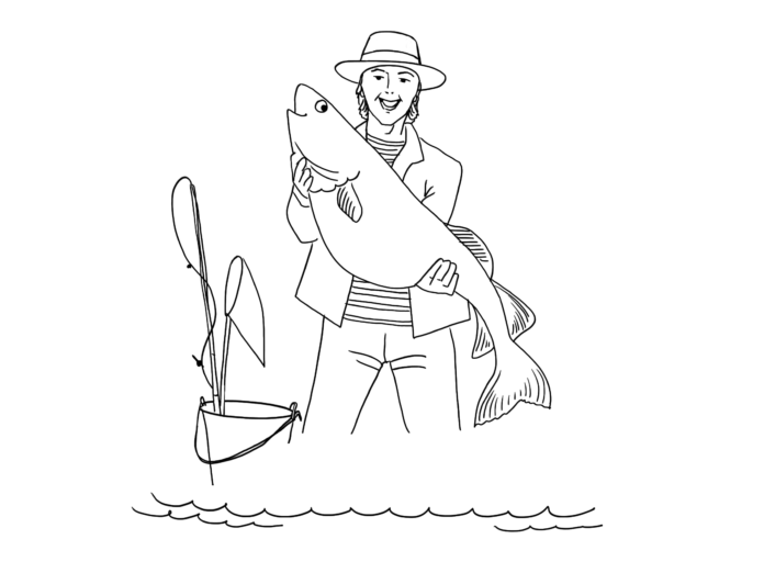 Rybář chytil rybu omalovánky k vytisknutí