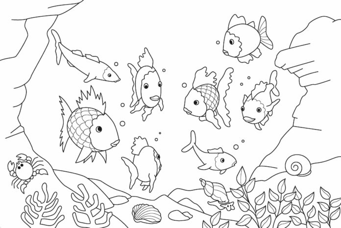 fish in aquarium coloring book to print