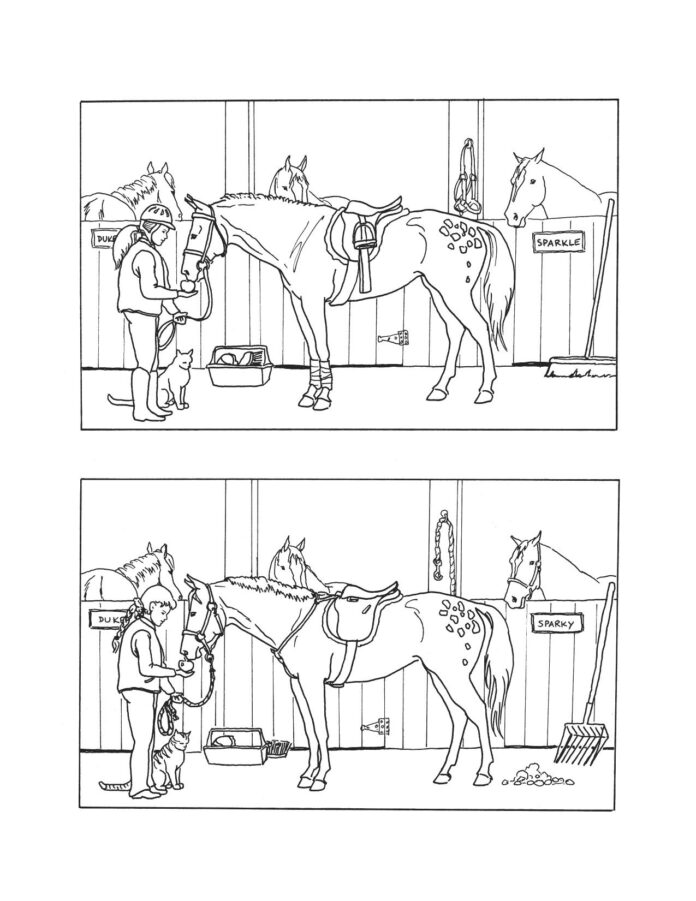 horse stud find the differences coloring book to print