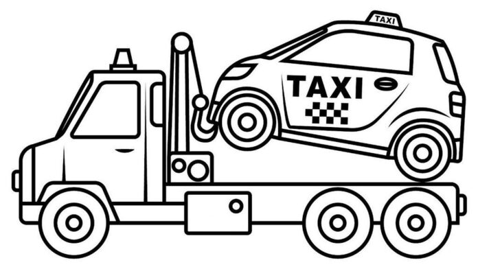livre à colorier "taxi sur une remorque" à imprimer