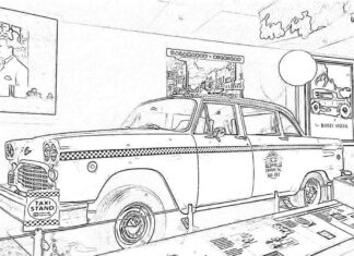 livre à colorier "taxi dans un garage" à imprimer
