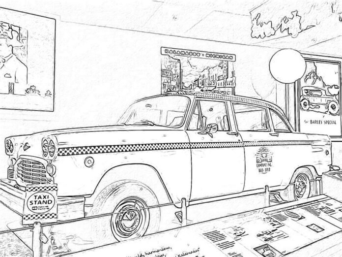 livre à colorier "taxi dans un garage" à imprimer