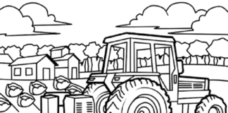Traktor mit Sämaschine Malbuch zum Ausdrucken