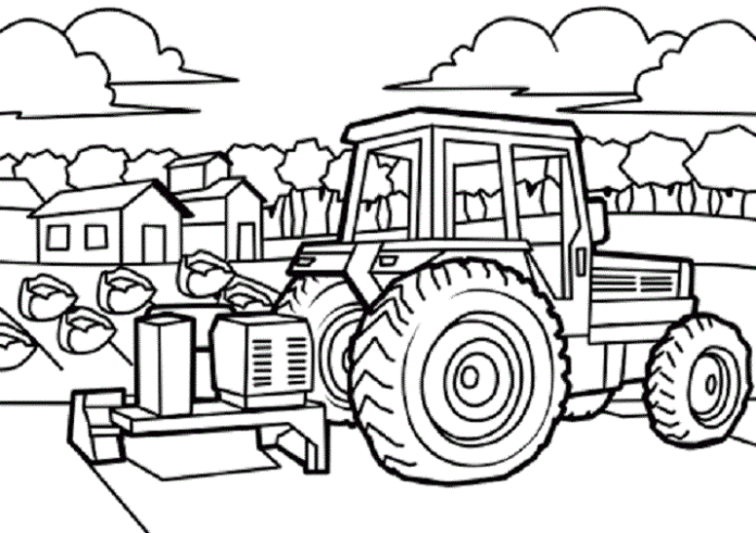 トラクターと種まき機 印刷用塗り絵