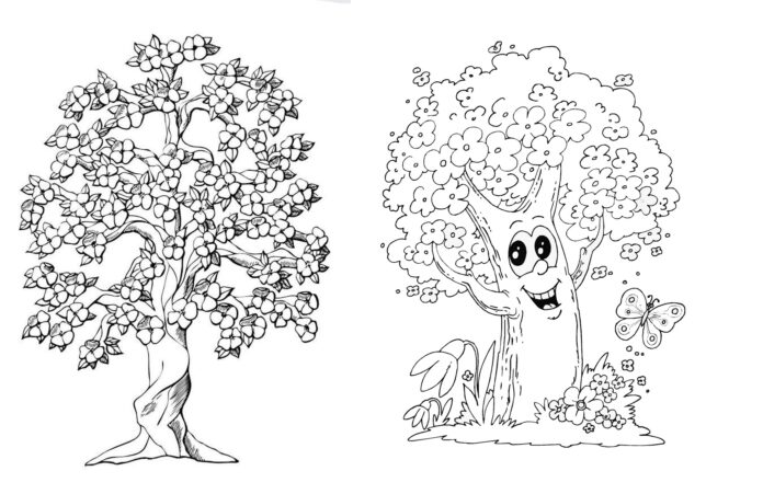 Frühlingsbäume Malbuch zum Ausdrucken