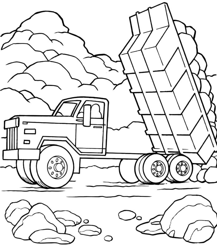 coloring book dumper truck with rocks