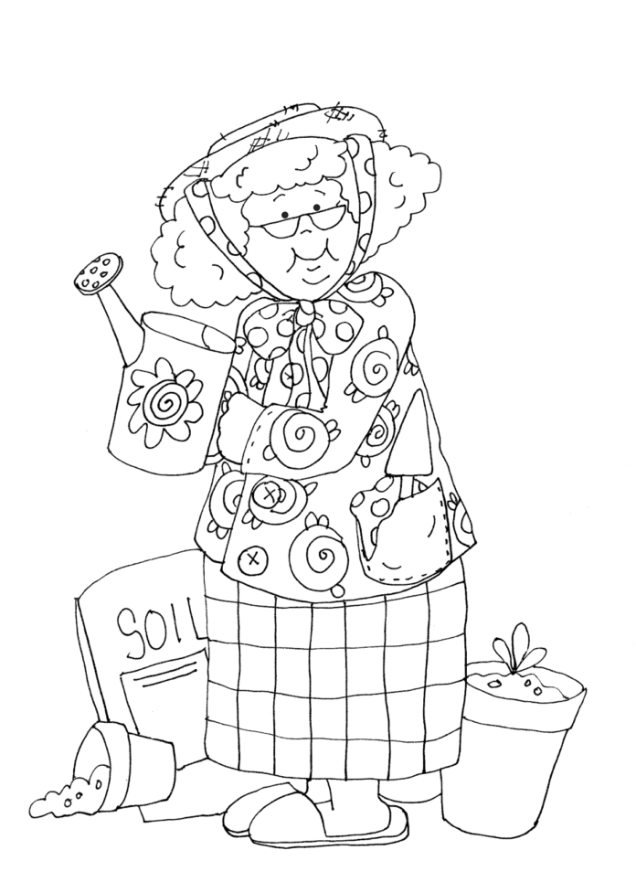 granny in the garden coloring book to print