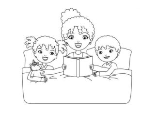 grand-mère au lit avec ses petits-enfants - livre à colorier à imprimer