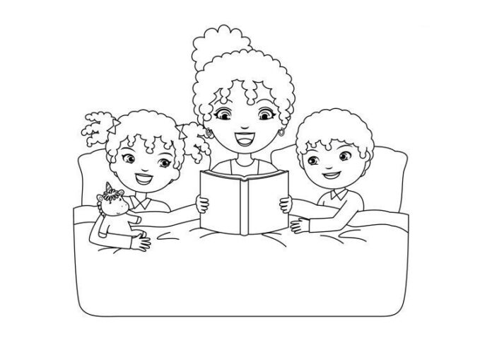 grandma in bed with granddaughters coloring book to print