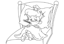 sick child in bed coloring book to print