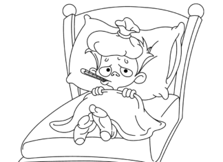 sick child in bed coloring book to print