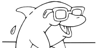 dolphin with glasses on the beach coloring book to print