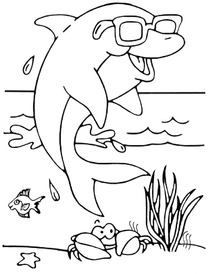 dolphin with glasses on the beach coloring book to print
