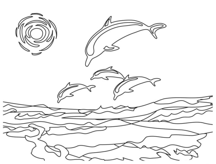 Delphine springen auf die Wellen Malbuch zum Ausdrucken